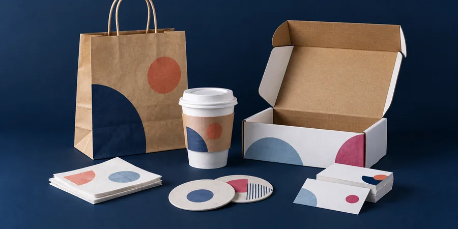 Bolsa kraft, vaso con manga, servilletas, portavasos, tarjetas y caja impresos con un diseño de ejemplo